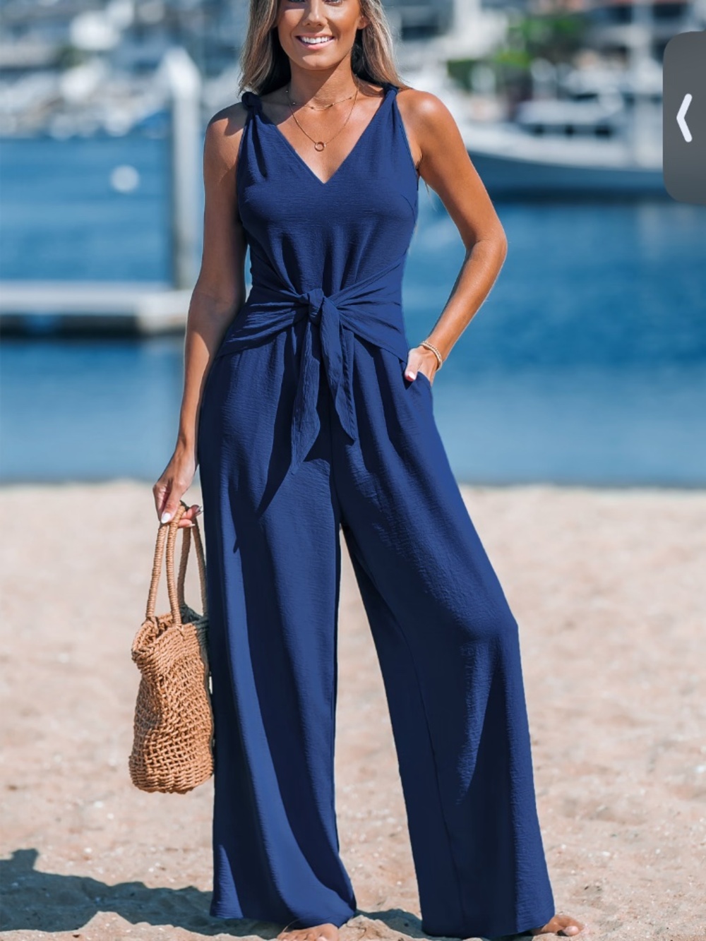 New Blue Sleeveless Tie-Front Jumpsuit
